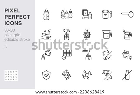 Baby food line icon set. Infant formula - bottle, wash hands, sterilize, digestion minimal vector illustration. Simple outline sign for powder milk package. 30x30 Pixel Perfect, Editable Stroke