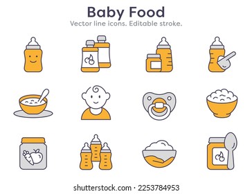 Baby food line icons, such as bottle, spoon, jar, powder, porridge and more. Editable stroke.