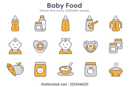 Iconos de la línea de alimentos para bebés, como leche, tarro, polvo, avena y más. Trazo editable.