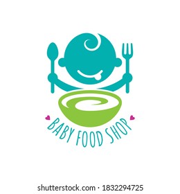Baby food logo. Happy baby with bowl shape and holding spoon fork. Flat cute cartoon character logo design