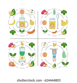 Baby food logo set.Fruits and vegetables for cooking baby food.Child. Baby food. Blender. Puree. Children's drink. Feeding the baby.Modern design.Round logo.