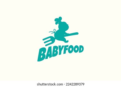 baby food logo with silhouette of a baby flying with a fork.