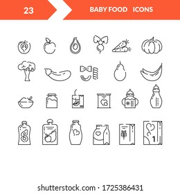 Baby food. Milk, milk mixture, cereal, juices, jars of mashed potatoes, carrots, apples, bananas, avacados. Set of icons in a flat style. Design concept for magazine, brochure web