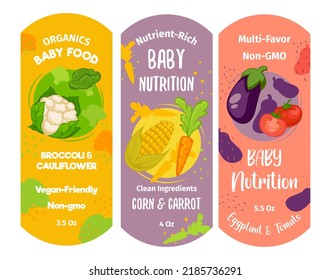 Baby food organic and natural nutrition for children. Menu with tasty vegetables and fruits, eggplant and cauliflower, corn and carrot. Superfood balanced dieting for growth, Vector in flat style