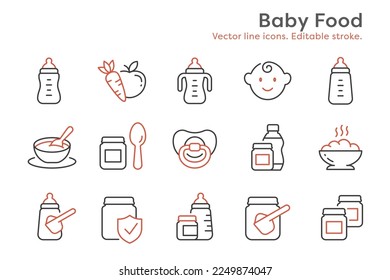 Baby food outline icons, such as spoon, jar, powder, porridge and more. Editable stroke.