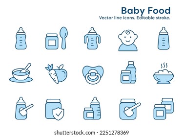 Baby food outline icons, such as milk, jar, powder, porridge and more. Editable stroke.