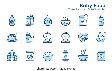 Baby food outline icons, such as milk, jar, powder, bottle and more. Editable stroke.