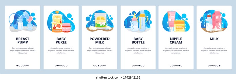 Baby food, powder milk and breastfeeding concept. Prepare to be mother. Mobile app screens. Vector banner template for website and mobile development. Web site design illustration.