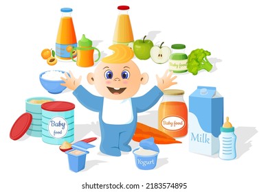 Baby and baby food. Powdered milk mixture in a tin, milk, yogurt, apricot and applesauce, cottage cheese and apple juice.Vector illustration.