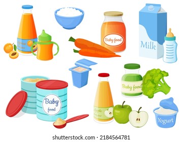 Baby food. Powdered milk mixture in a tin, milk, yogurt, apricot and applesauce, cottage cheese and apple juice.Vector illustration.