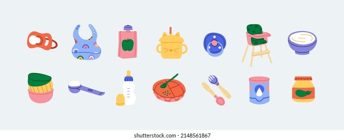 Baby Food Preparation. Chair, Bib, Nipple, Silicone Plate, Bottle, Measuring Spoon, Powdered Milk, Purée Vector Icons. Coloured Feeding Stuff For An Infant. Kitchen Equipment Concept. Items Isolated