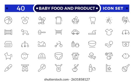 Ícone do resumo de Alimentos e Produtos para Bebê. Inclui conceito de linha fina, alimento, elemento, refeição, alimentação, nutrição, embalagem, leite. Conjunto de pictogramas de linha.
