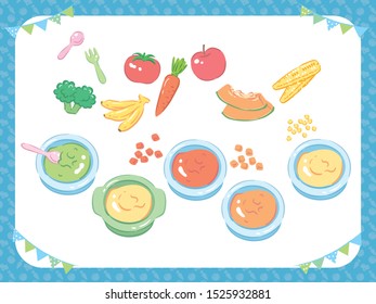 Baby Food. Puree, Fruits And Vegetables. Vector Illustration.