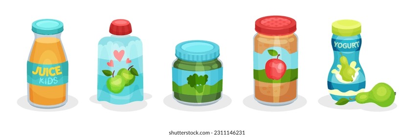Baby Food with Puree, Juice and Yogurt Vector Set