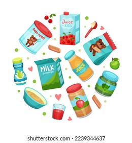 Baby food in round shape. Organic healthy meal for babies for backdrop, packaging, banner desgn vector