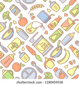 Baby food seamless pattern. Linear style vector illustration. Suitable for wallpaper, wrapping or textile
