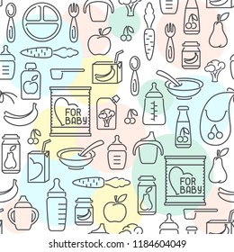Baby food seamless pattern. Linear style vector illustration. Suitable for wallpaper, wrapping or textile