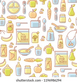 Baby food seamless pattern. Linear style vector illustration. Suitable for wallpaper, wrapping or textile