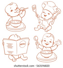 Baby food. Set of vector illustrations with cute little babies. Boy at table eating porridge, kid in diaper reading menu, child wearing cook hat. Healthy food emblem. Monochrome vector illustration