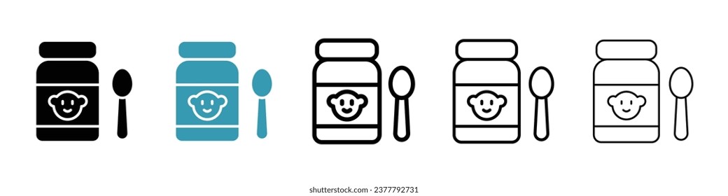 Baby food sign icon set. Child food jar container and spoon vector icon in black filled and outlined style.