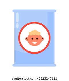 Baby food sticker concept. Canned eating for toddler. Advertising and marketing. Vegetariand and healthy diet, nutrition. Cartoon flat vector illustration isolated on white background