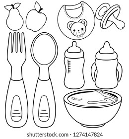 Baby food tableware set. Vector black and white coloring page.