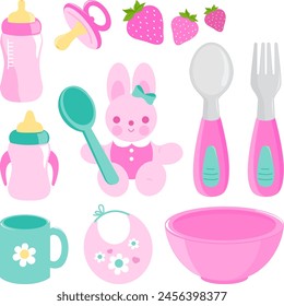 Set de utensilios de comida para bebés. Cuchara y tenedor para bebés, juego de vajilla con botellas de leche. colección de Ilustración vectorial