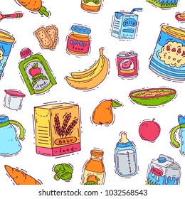 Baby food vector child healthy nutrition vegetable mashed puree in jar and fresh juice with fruits bananas apples for childcare health illustration set seamless pattern background