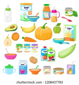 Baby food vector child healthy nutrition milk fresh juice with fruits and vegetable mashed puree for childcare health illustration childish set of carrot or apple isolated on white background