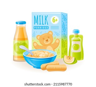 Ilustración del vector de alimento para bebés. Cuchara de avena de leche con cuchara, botella de jugo, fruta de manzana, caja de puré, juego de iconos de galletas para niños. Alimentación saludable para bebés. 3.ª ilustración aislada de productos complementarios 