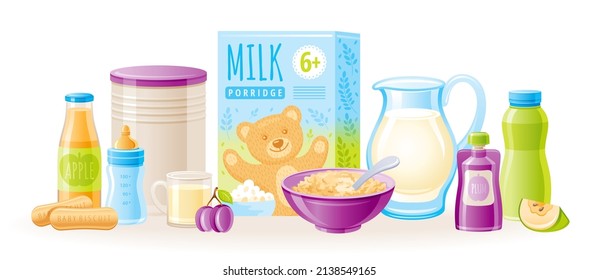 Baby food vector illustration. Milk porridge bowl with spoon, juice bottle, apple fruit, puree box, kids biscuit icon set. Healthy nutrition baby food. 3d Complementary product isolated illustration