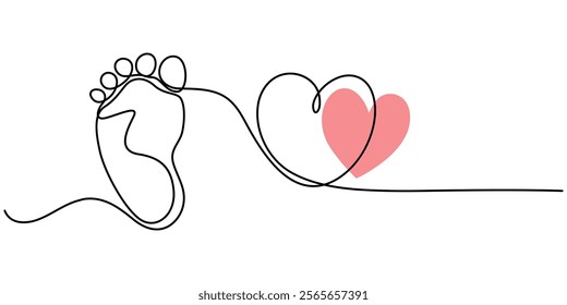 Baby foot barefoot heart icon continuous one line drawing, Kid feet graphic icon. Child bare feet sign isolated on white background. Vector illustration, Concept of Wellness massage and Care skin. 