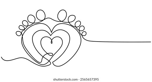 Baby foot barefoot heart icon continuous one line drawing, Kid feet graphic icon. Child bare feet sign isolated on white background. Vector illustration, Concept of Wellness massage and Care skin. 