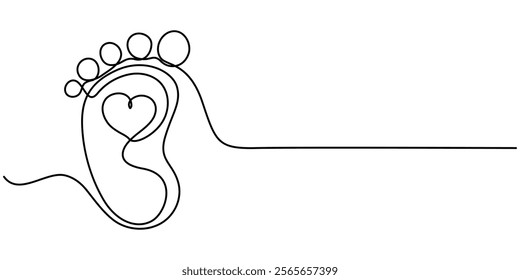 Baby foot barefoot heart icon continuous one line drawing, Kid feet graphic icon. Child bare feet sign isolated on white background. Vector illustration, Concept of Wellness massage and Care skin. 