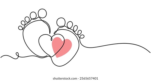 Baby foot barefoot heart icon continuous one line drawing, Kid feet graphic icon. Child bare feet sign isolated on white background. Vector illustration, Concept of Wellness massage and Care skin. 