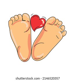 Baby foot close-up drawn in a modern style on a white background.Cute heart between children's feet vector