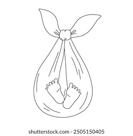 Baby foot in fabric pouch. Vector line sketch for coloring book. Cute hand drawn doodle illustration