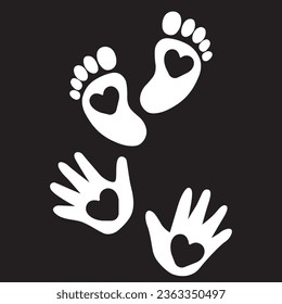 Baby foot and hand print with heart, vector art illustarion.