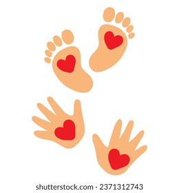 Baby foot and hand print with heart, vector art illustarion.