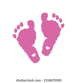 Baby foot prints. Baby girl. Baby foot print with heart. Baby shower greeting card. Foot steps