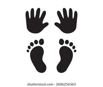 Baby foot prints and hand prints. Small cute black silhouettes. Vector illustration