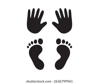 Baby foot prints and hand prints. Small cute black silhouettes. Vector illustration
