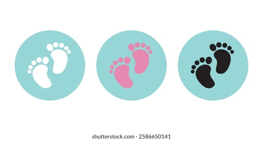 Baby Foot prints icon. Pink, blue, white and black baby footprints icon. Isolated on white background. Vector illustration. Variety baby Foot Design. 