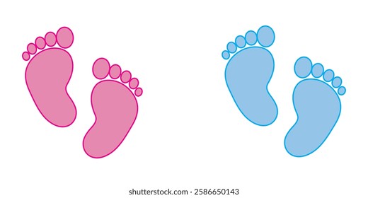 Baby Foot prints icon. Pink, blue, white and black baby footprints icon. Isolated on white background. Vector illustration. Variety baby Foot Design. 