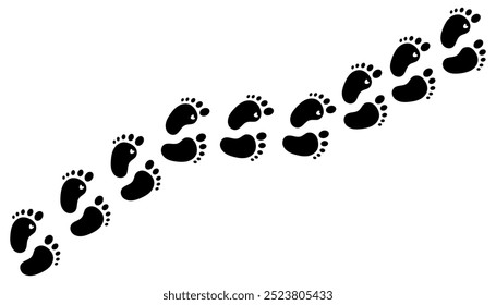 Baby foot prints. A trail of baby footprints. Black prints of the baby's bare feet.