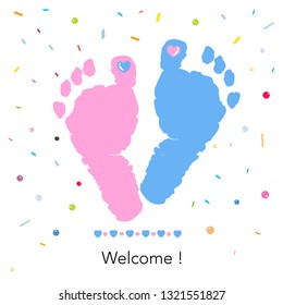 Baby foot prints. Welcome baby greeting card. Blue and pink foot print with confetti