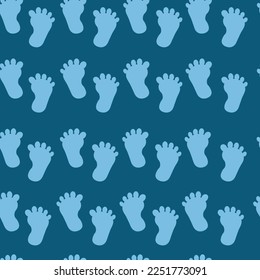 Baby footprint blue seamless pattern. Silhouette baby footprint icon isolated on blue background for baby boy.Baby shower.