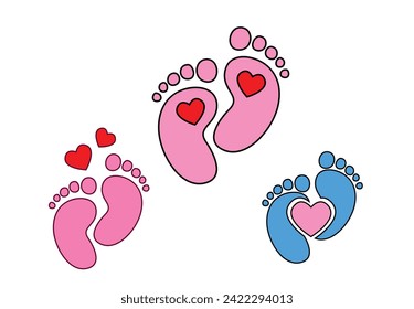 baby footprint , footsteps, Baby Feet Hearts,  vector illustration.