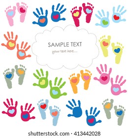 Baby Footprint And Hands Kids Colorful Greeting Card Vector