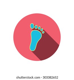 Baby footprint icon. Child foot sign. Newborn step symbol. Red flat circle button. Linear icon with shadow. Vector